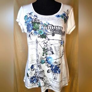 Y2K Blue Canyon White Short-Sleeved T-Shirt With Paris Theme And Rhinestones